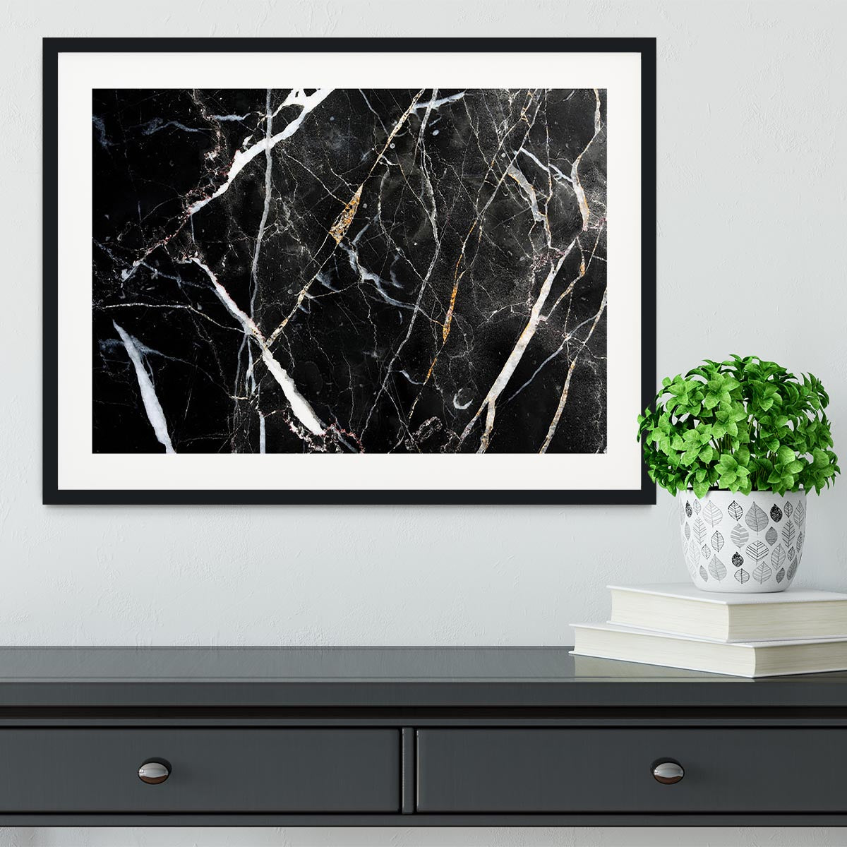 Black White and Gold Cracked Marble Framed Print - Canvas Art Rocks - 1