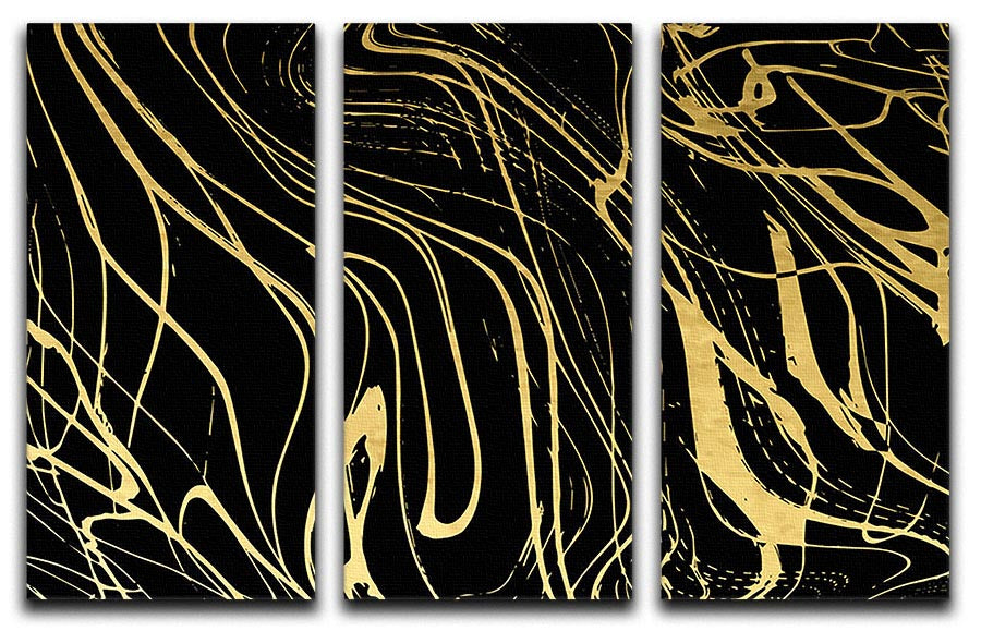 Black and Gold Swirled Abstract 3 Split Panel Canvas Print - Canvas Art Rocks - 1
