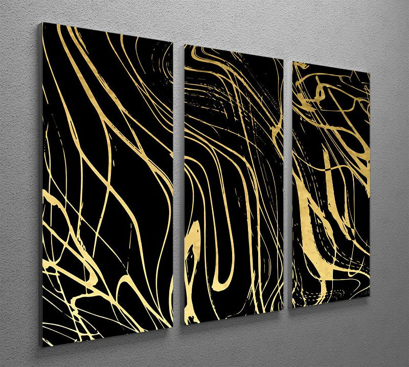Black and Gold Swirled Abstract 3 Split Panel Canvas Print - Canvas Art Rocks - 2