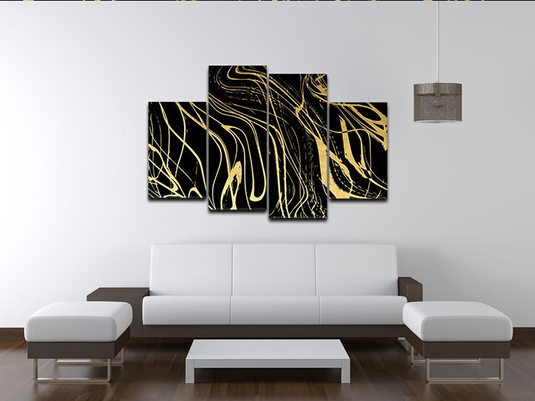 Black and Gold Swirled Abstract 4 Split Panel Canvas - Canvas Art Rocks - 3