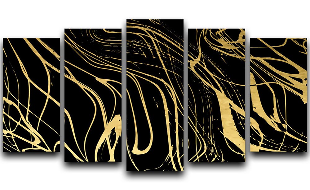 Black and Gold Swirled Abstract 5 Split Panel Canvas - Canvas Art Rocks - 1