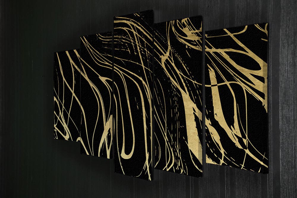 Black and Gold Swirled Abstract 5 Split Panel Canvas - Canvas Art Rocks - 2