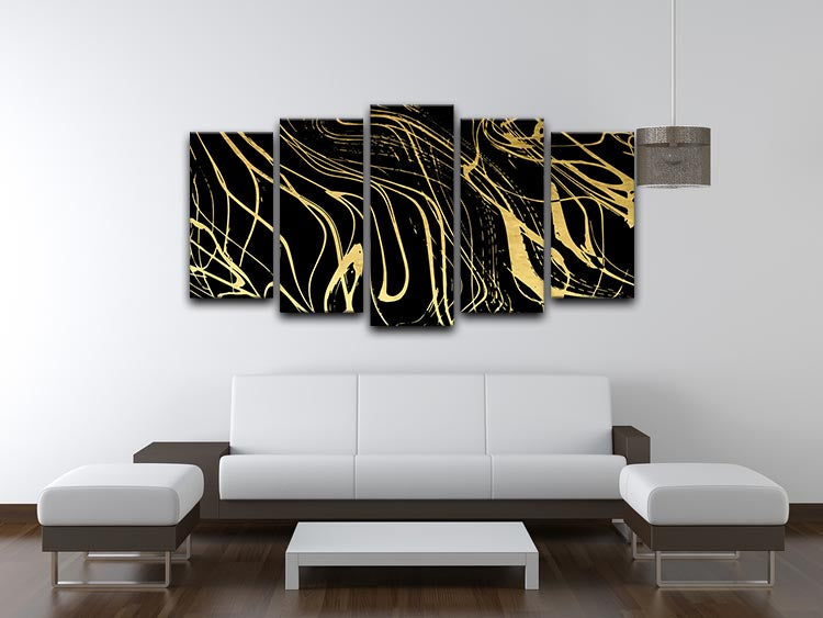 Black and Gold Swirled Abstract 5 Split Panel Canvas - Canvas Art Rocks - 3