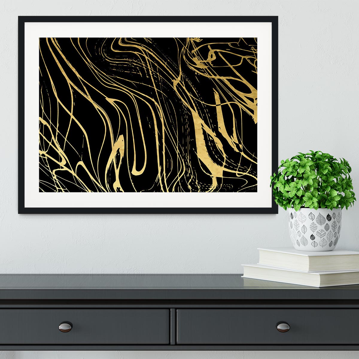 Black and Gold Swirled Abstract Framed Print - Canvas Art Rocks - 1