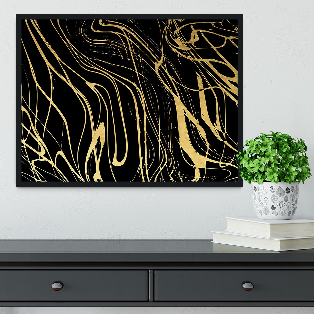 Black and Gold Swirled Abstract Framed Print - Canvas Art Rocks - 2