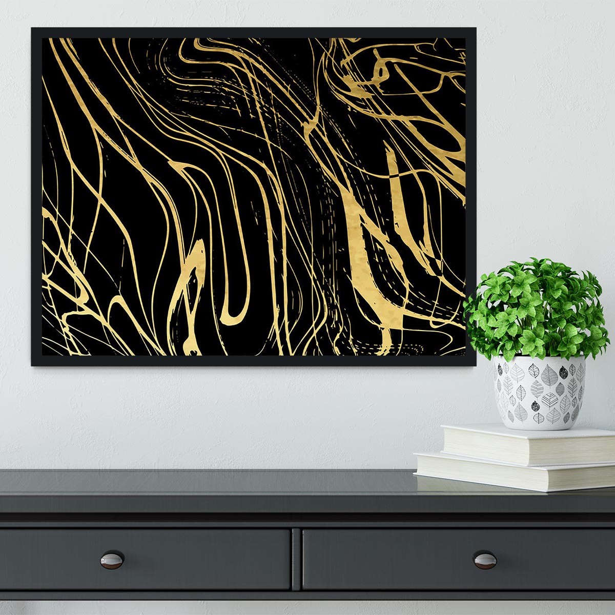 Black and Gold Swirled Abstract Framed Print - Canvas Art Rocks - 2