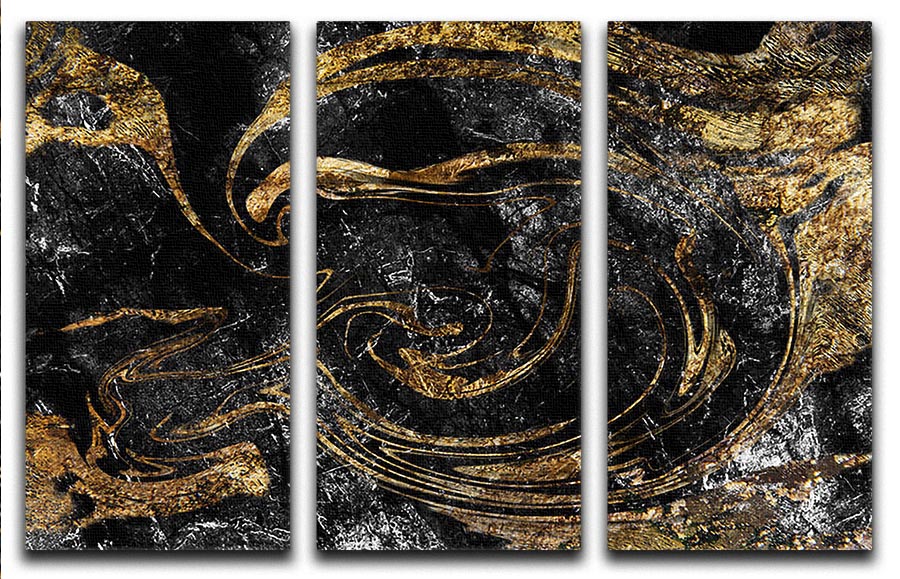 Black and Gold Swirled Marble 3 Split Panel Canvas Print - Canvas Art Rocks - 1