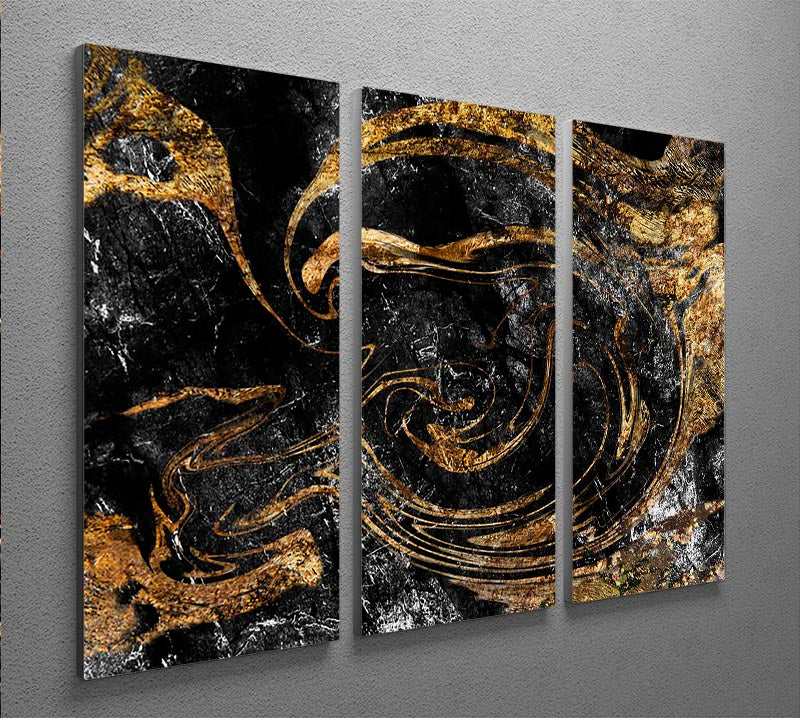 Black and Gold Swirled Marble 3 Split Panel Canvas Print - Canvas Art Rocks - 2