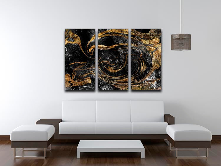 Black and Gold Swirled Marble 3 Split Panel Canvas Print - Canvas Art Rocks - 3