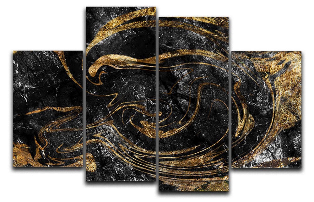 Black and Gold Swirled Marble 4 Split Panel Canvas - Canvas Art Rocks - 1