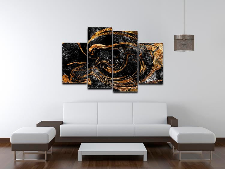 Black and Gold Swirled Marble 4 Split Panel Canvas - Canvas Art Rocks - 3