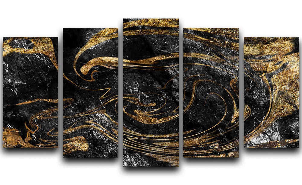 Black and Gold Swirled Marble 5 Split Panel Canvas - Canvas Art Rocks - 1