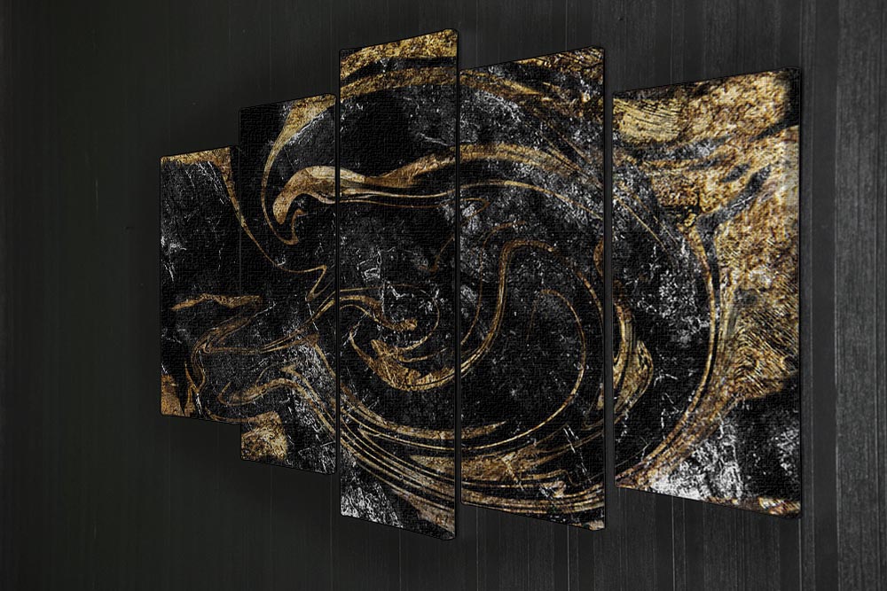 Black and Gold Swirled Marble 5 Split Panel Canvas - Canvas Art Rocks - 2