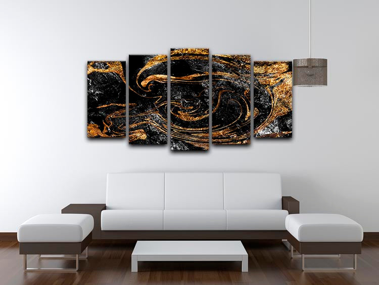 Black and Gold Swirled Marble 5 Split Panel Canvas - Canvas Art Rocks - 3