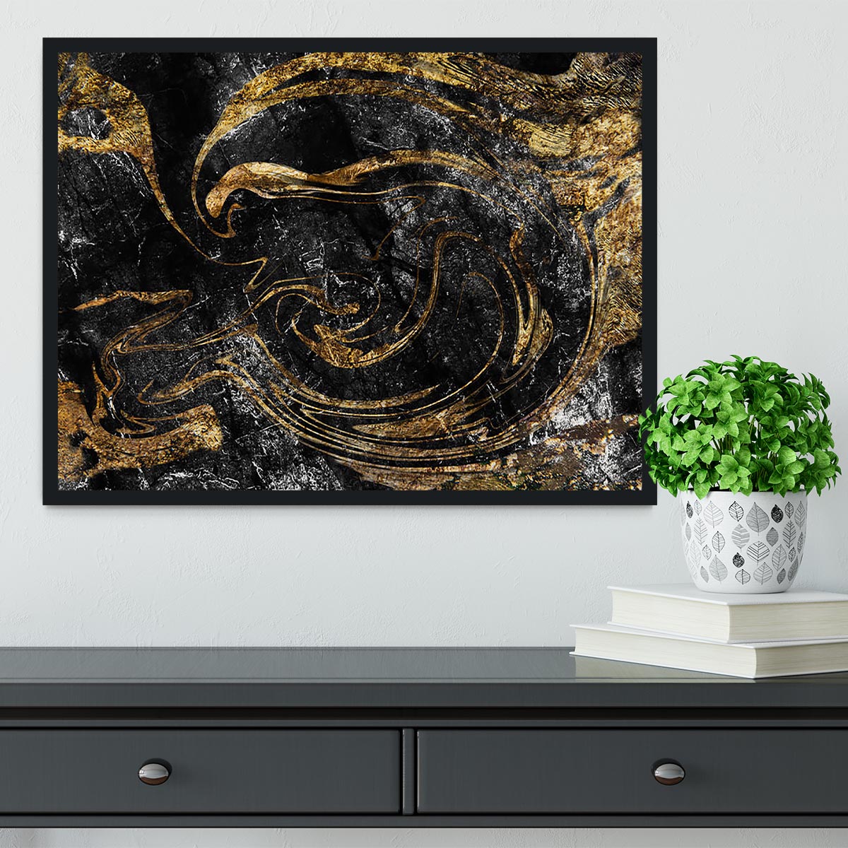 Black and Gold Swirled Marble Framed Print - Canvas Art Rocks - 2