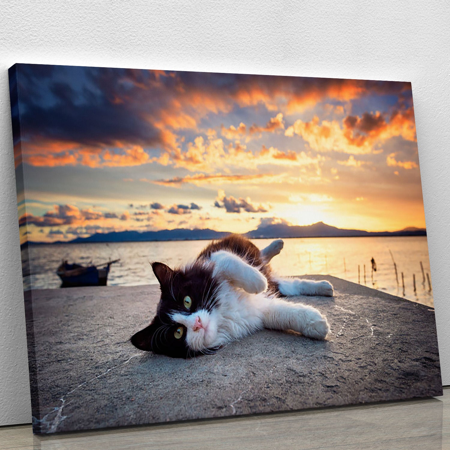 Black and white cat lying under a dramatic sunset Canvas Print or Poster - Canvas Art Rocks - 1