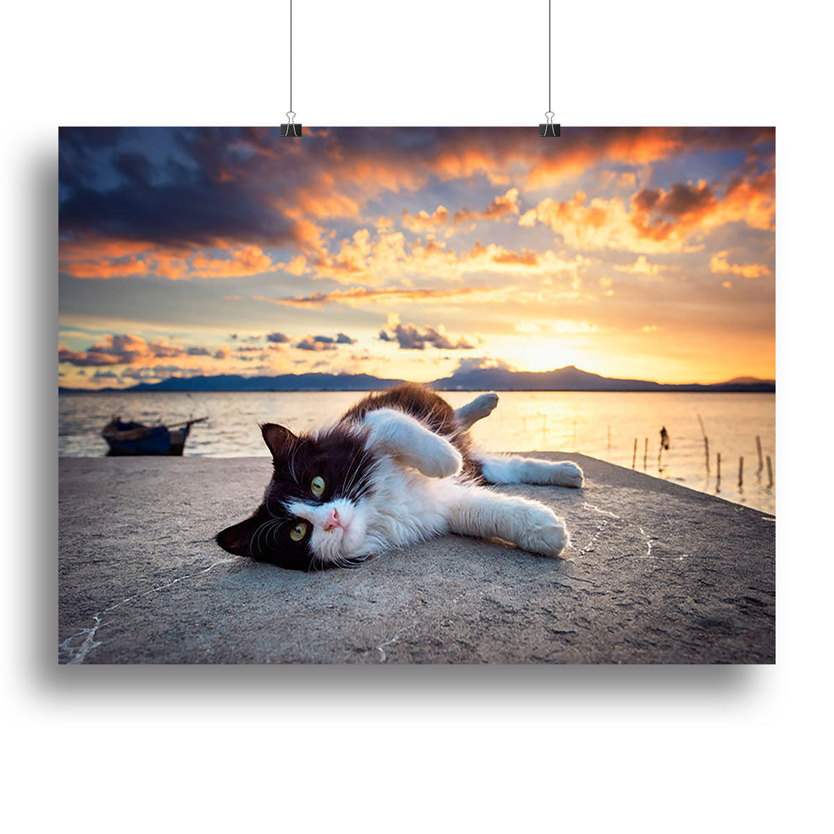 Black and white cat lying under a dramatic sunset Canvas Print or Poster - Canvas Art Rocks - 2