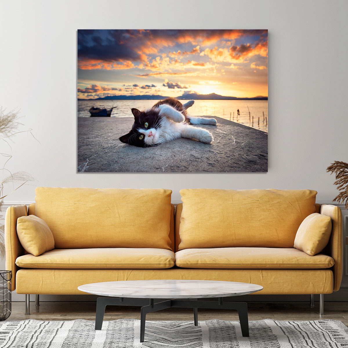Black and white cat lying under a dramatic sunset Canvas Print or Poster - Canvas Art Rocks - 4
