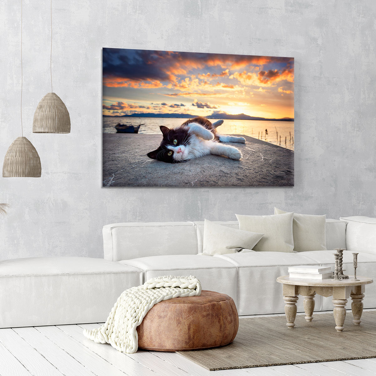 Black and white cat lying under a dramatic sunset Canvas Print or Poster - Canvas Art Rocks - 6