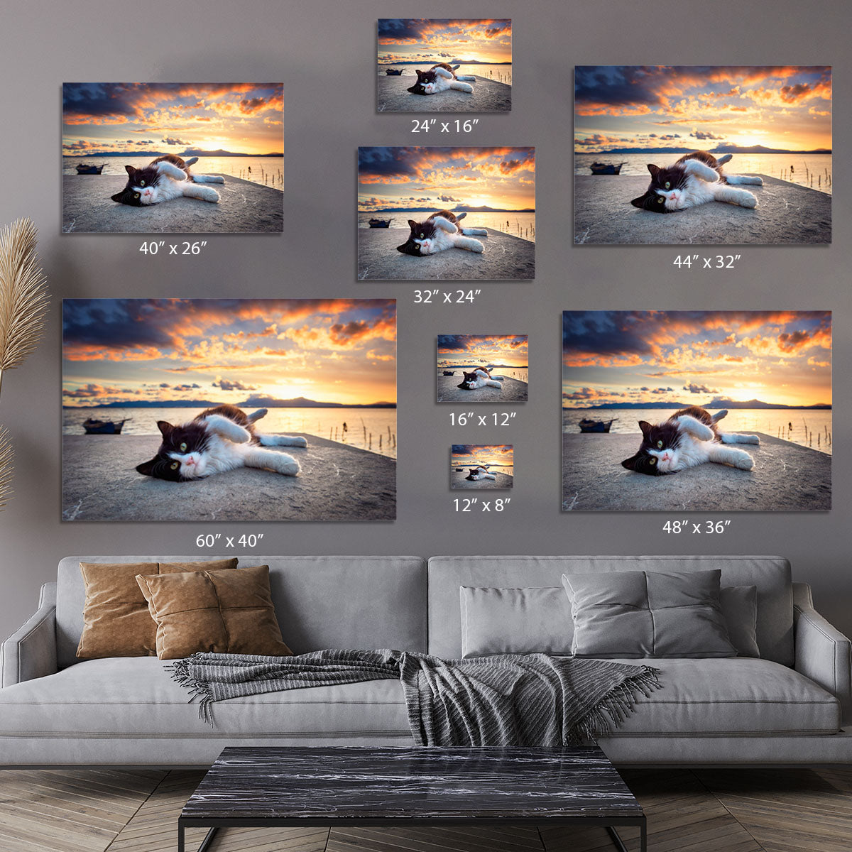 Black and white cat lying under a dramatic sunset Canvas Print or Poster - Canvas Art Rocks - 7