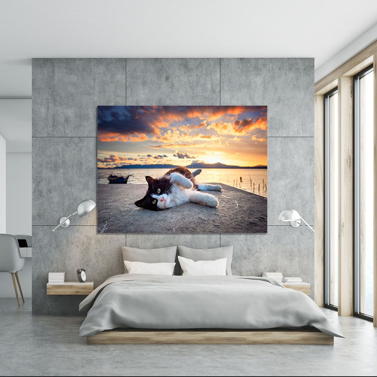 Black and white cat lying under a dramatic sunset on the lagoon Canvas Print or Poster - Canvas Art Rocks - 5