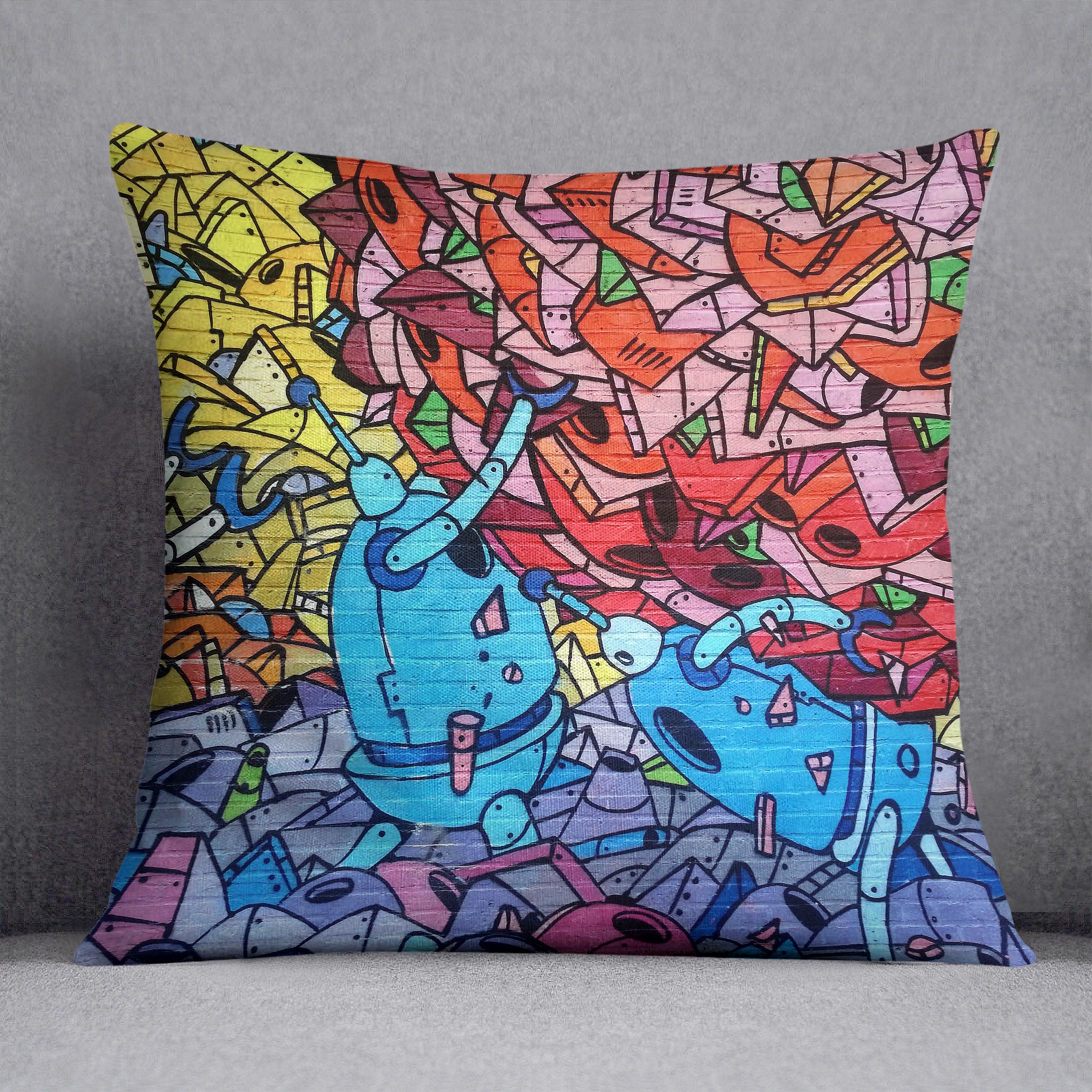 Blue Robot Graffiti Cushion