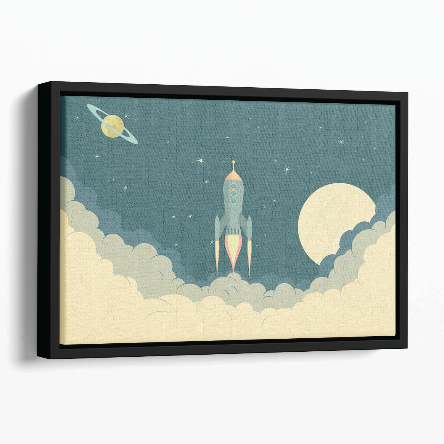 Blue Spaceship taking off Floating Framed Canvas