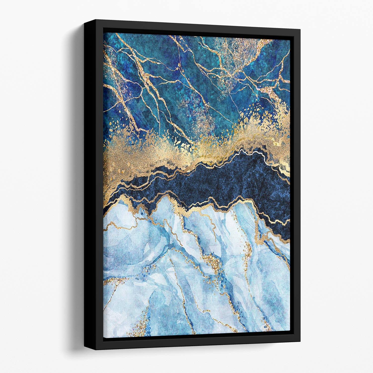 Blue and Gold Layered Marble Floating Framed Canvas - Canvas Art Rocks - 1