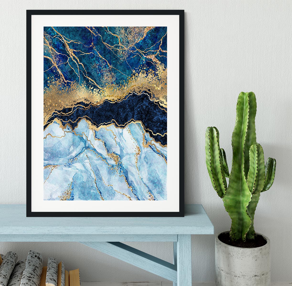 Blue and Gold Layered Marble Framed Print - Canvas Art Rocks - 1