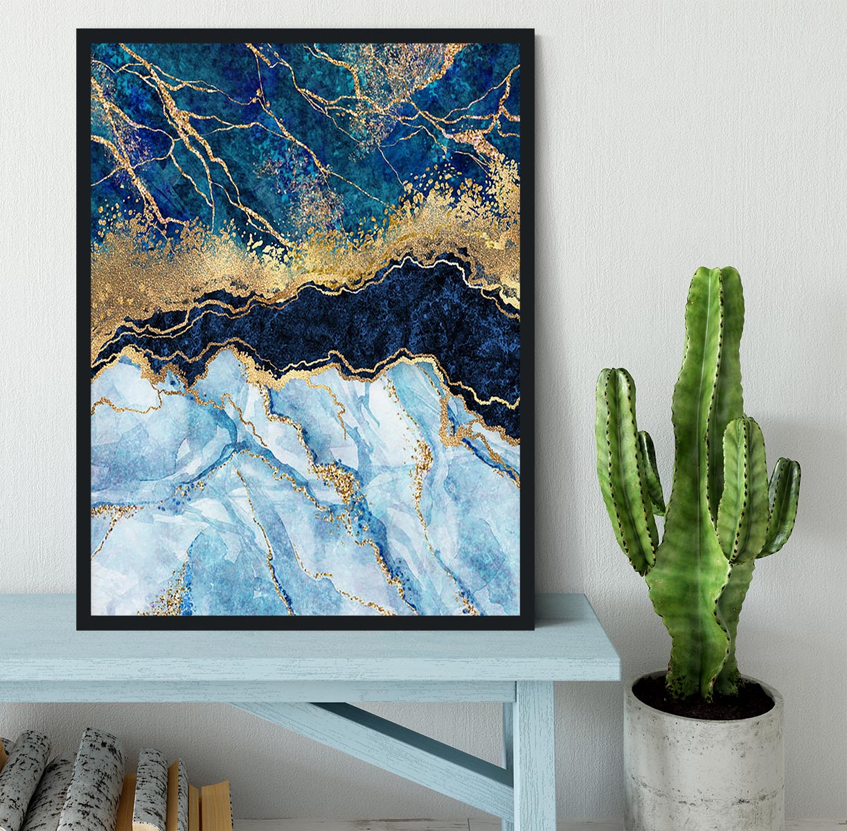 Blue and Gold Layered Marble Framed Print - Canvas Art Rocks - 2