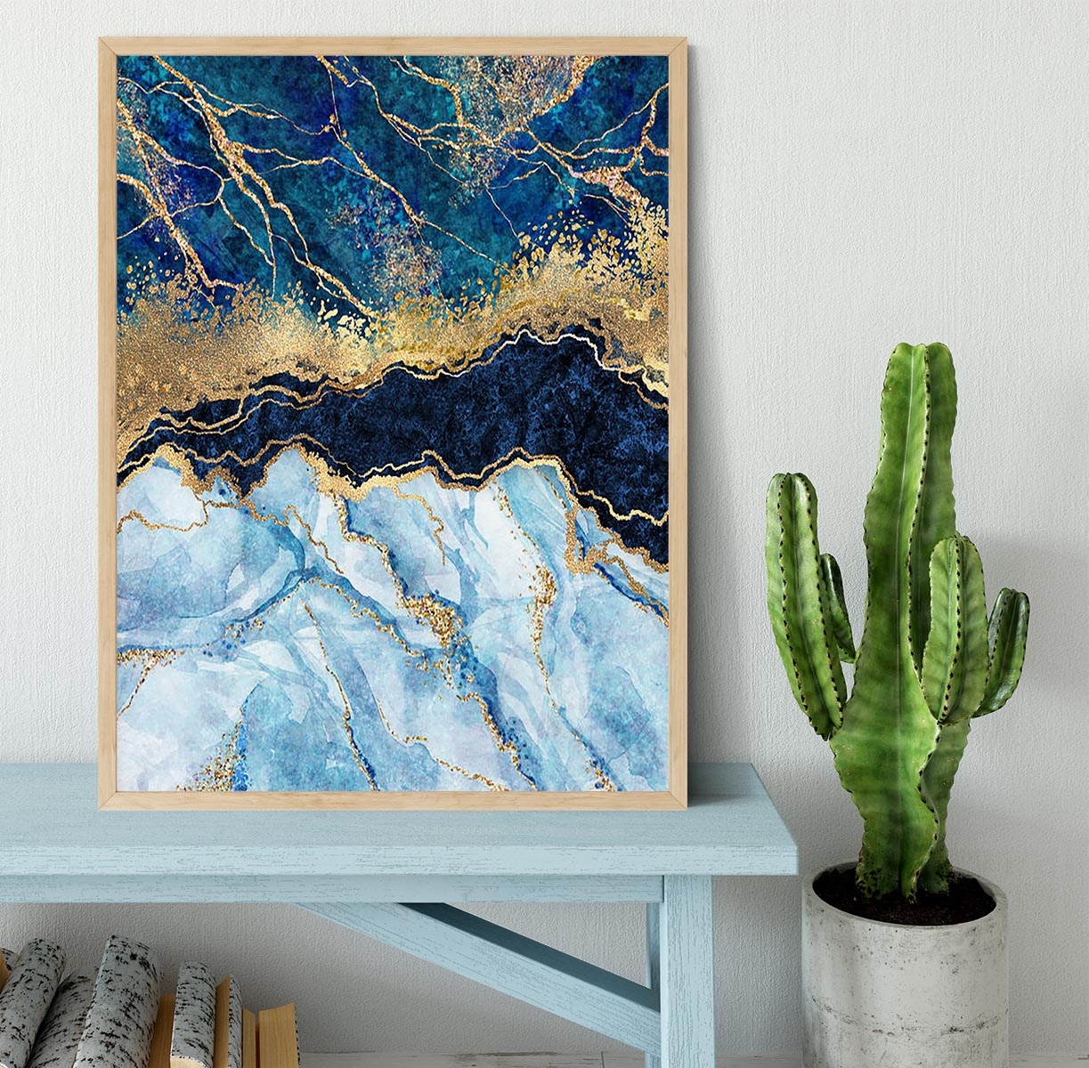 Blue and Gold Layered Marble Framed Print - Canvas Art Rocks - 4