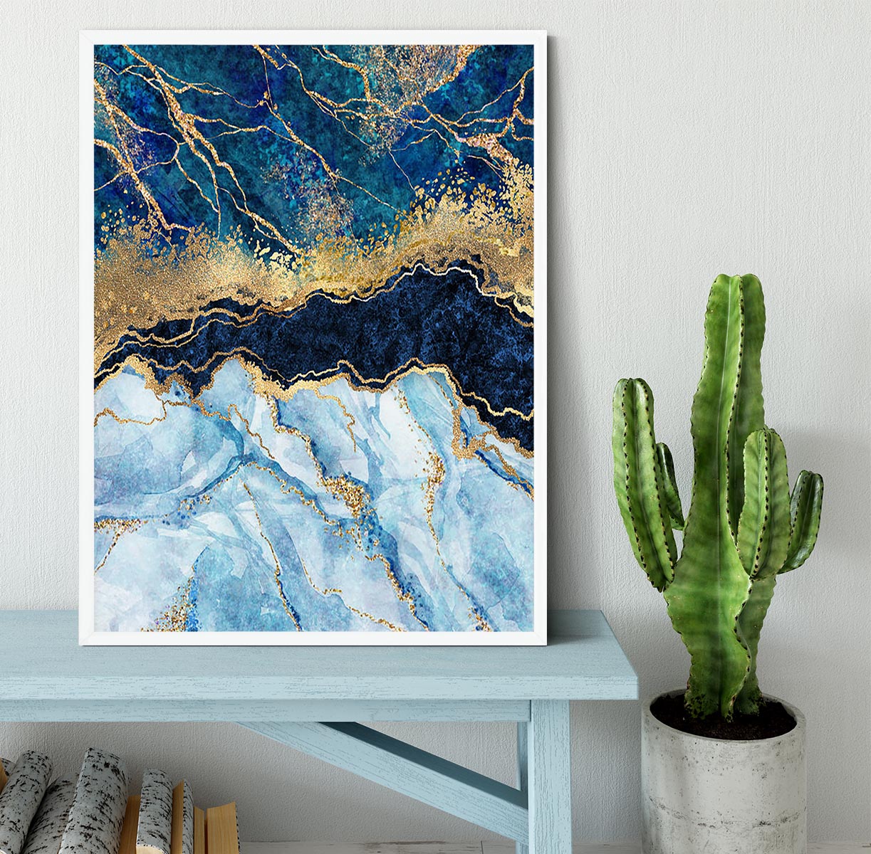 Blue and Gold Layered Marble Framed Print - Canvas Art Rocks -6