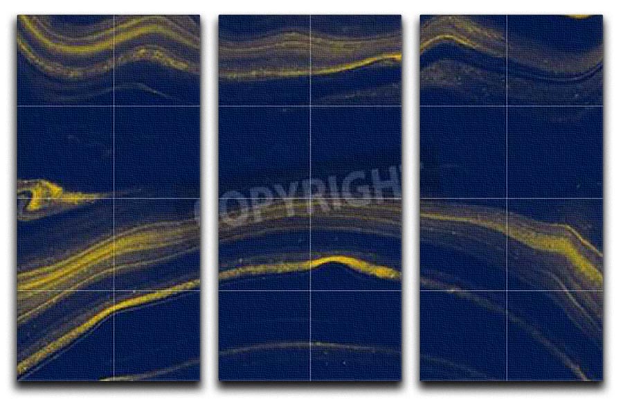 Blue and Gold Veined Marble 3 Split Panel Canvas Print - Canvas Art Rocks - 1
