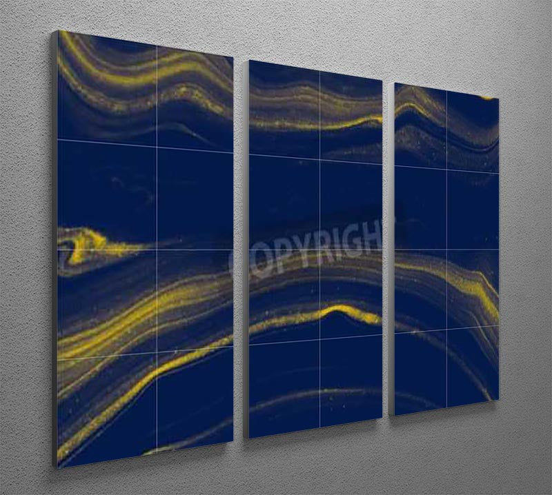 Blue and Gold Veined Marble 3 Split Panel Canvas Print - Canvas Art Rocks - 2
