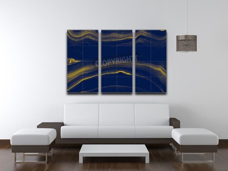 Blue and Gold Veined Marble 3 Split Panel Canvas Print - Canvas Art Rocks - 3