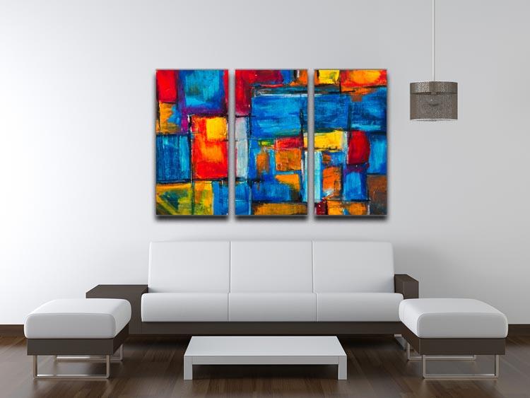 Blue and Red Square Abstract Painting 3 Split Panel Canvas Print - Canvas Art Rocks - 3