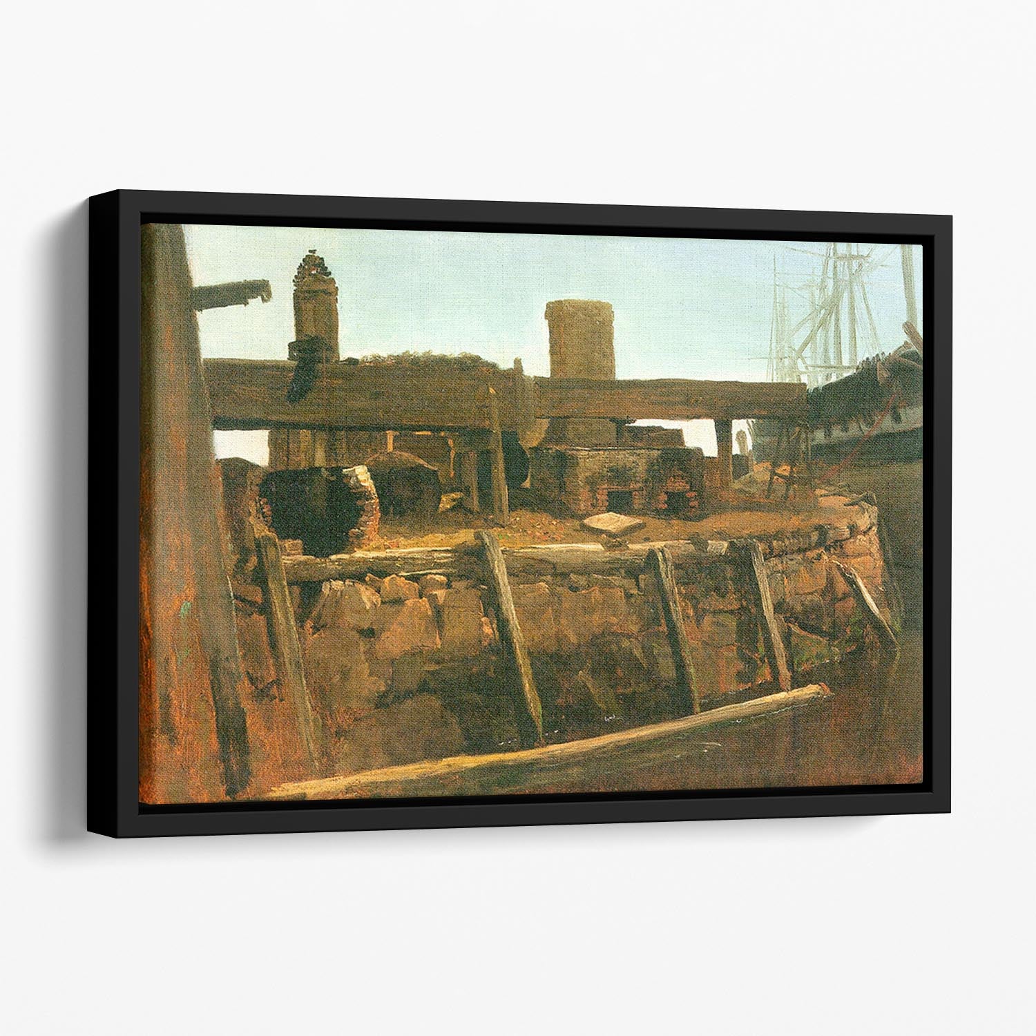 Boat at the dock by Bierstadt Floating Framed Canvas - Canvas Art Rocks - 1