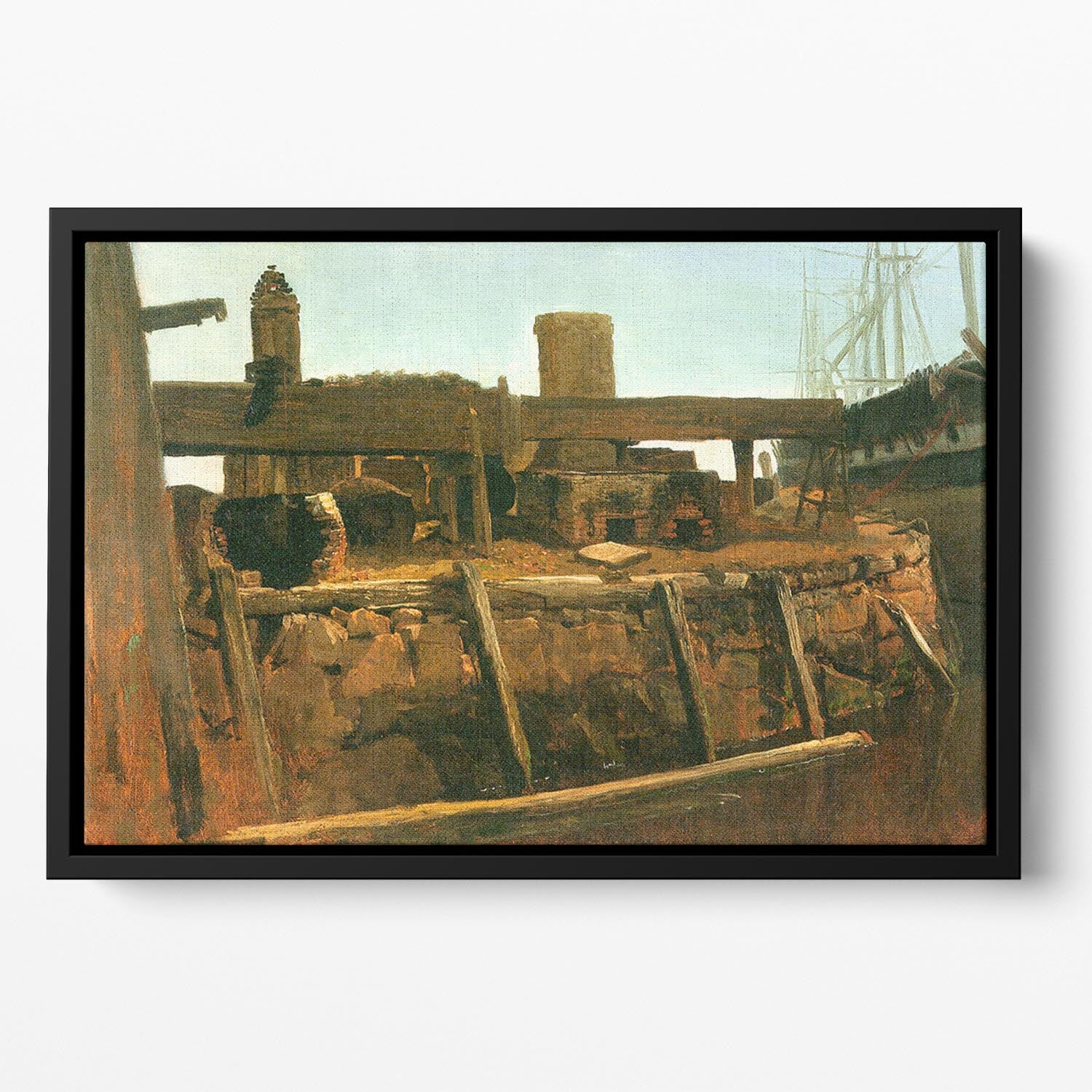 Boat at the dock by Bierstadt Floating Framed Canvas - Canvas Art Rocks - 2