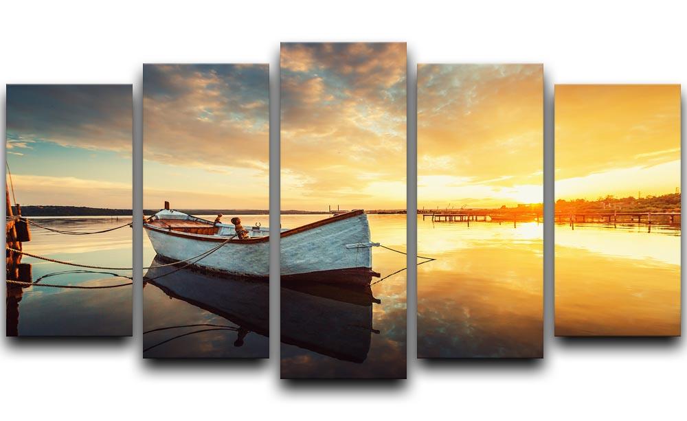Boat on lake with a reflection 5 Split Panel Canvas  - Canvas Art Rocks - 1