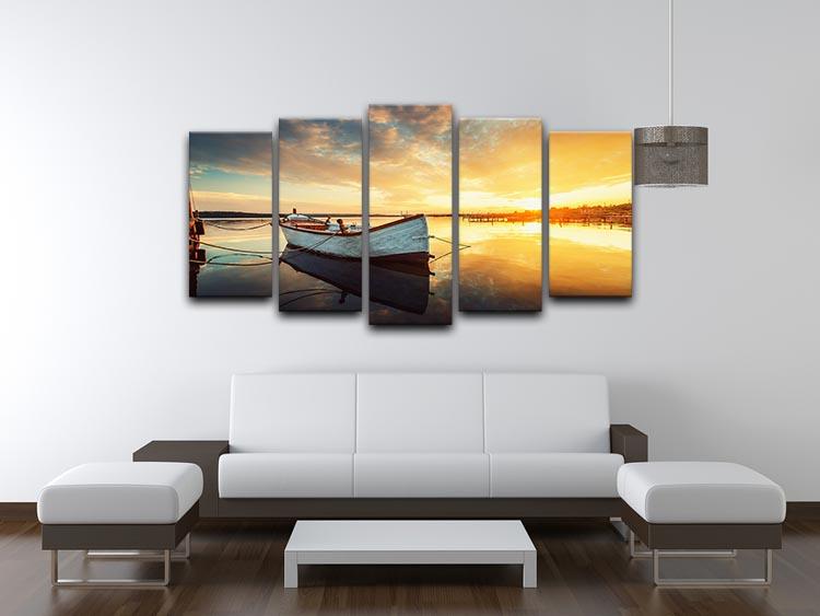 Boat on lake with a reflection 5 Split Panel Canvas  - Canvas Art Rocks - 3