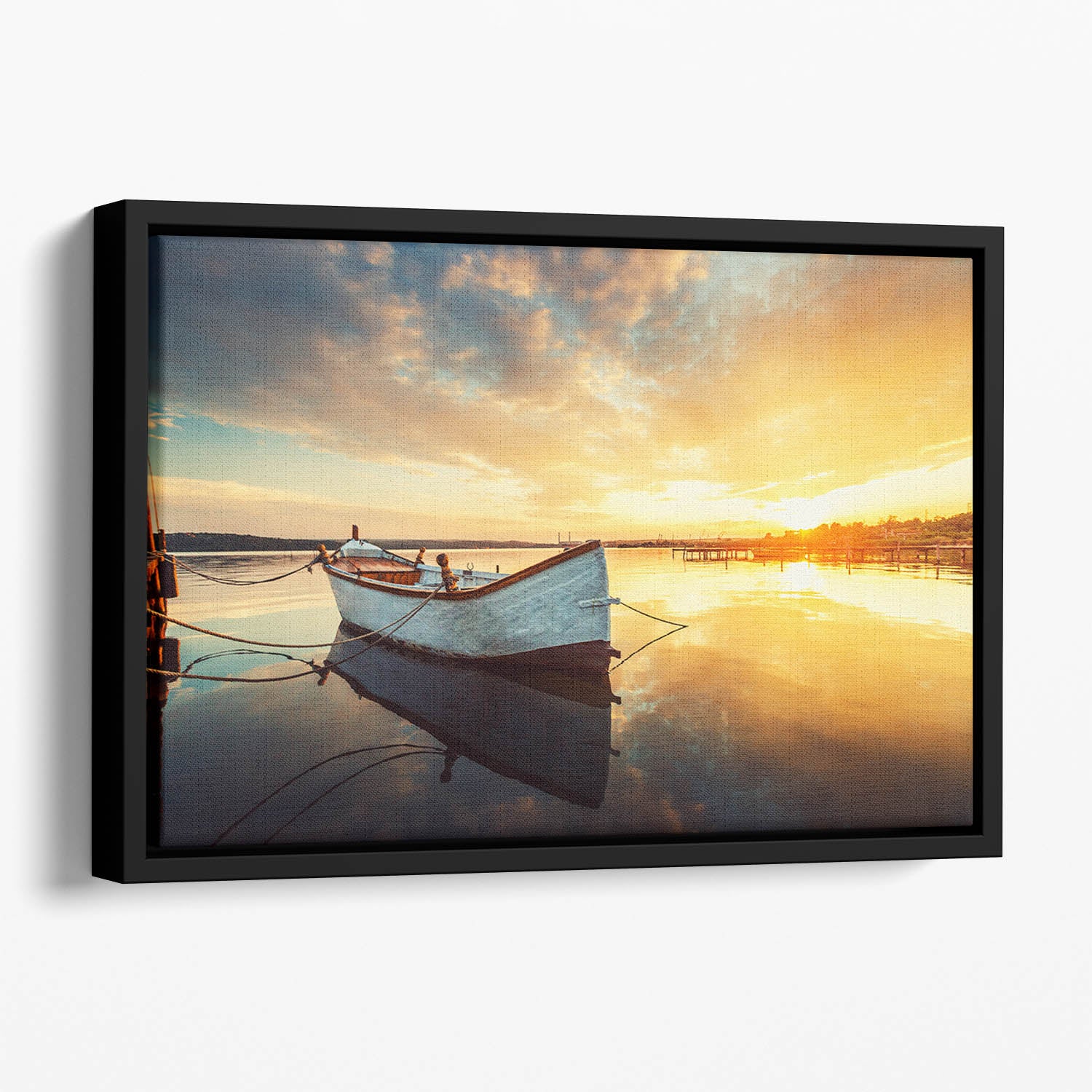 Boat on lake with a reflection Floating Framed Canvas
