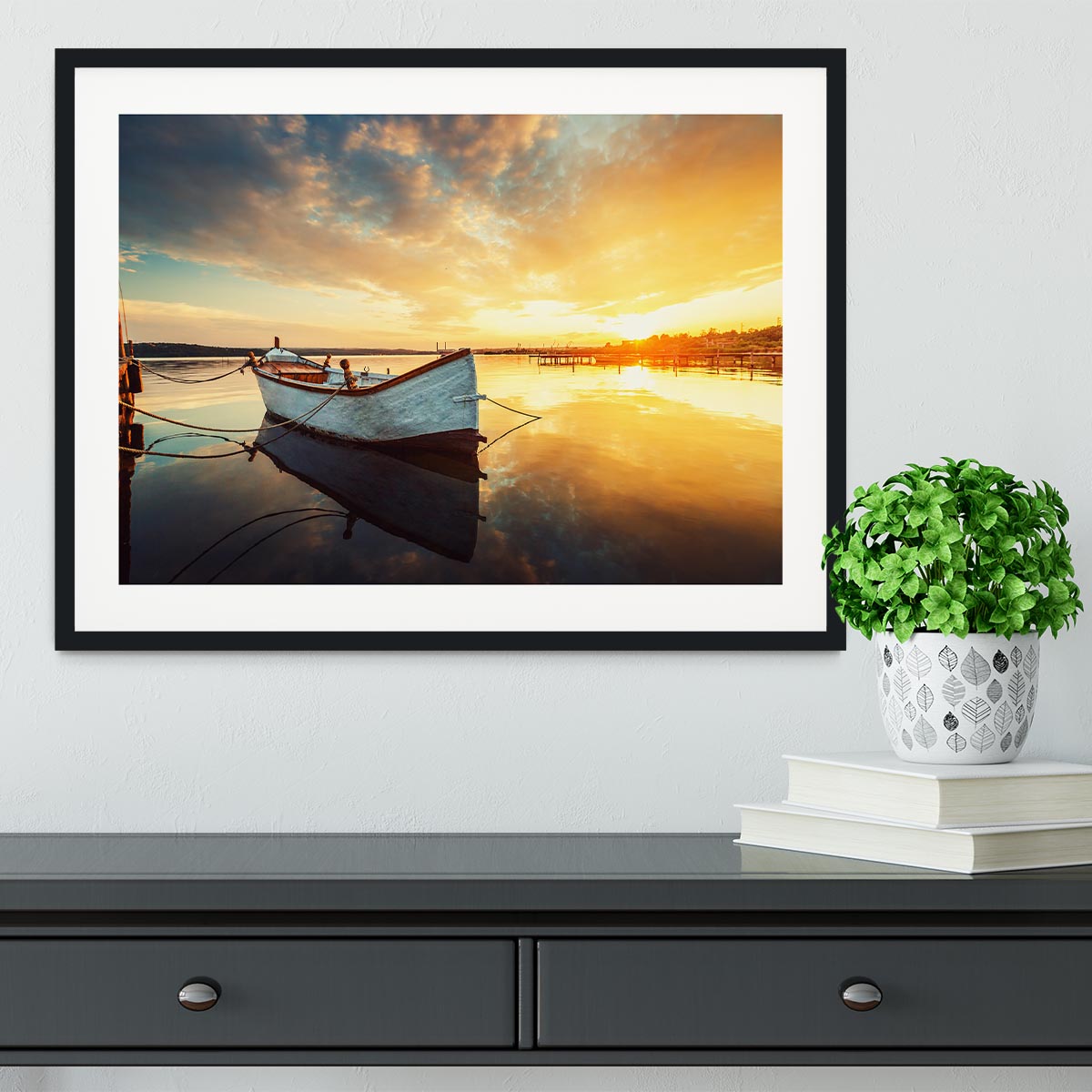 Boat on lake with a reflection Framed Print - Canvas Art Rocks - 1