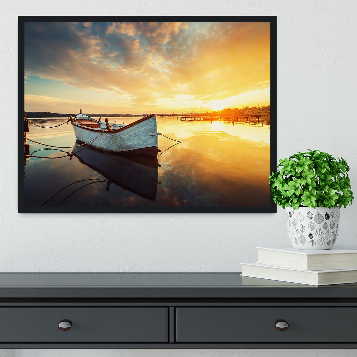 Boat on lake with a reflection Framed Print - Canvas Art Rocks - 2