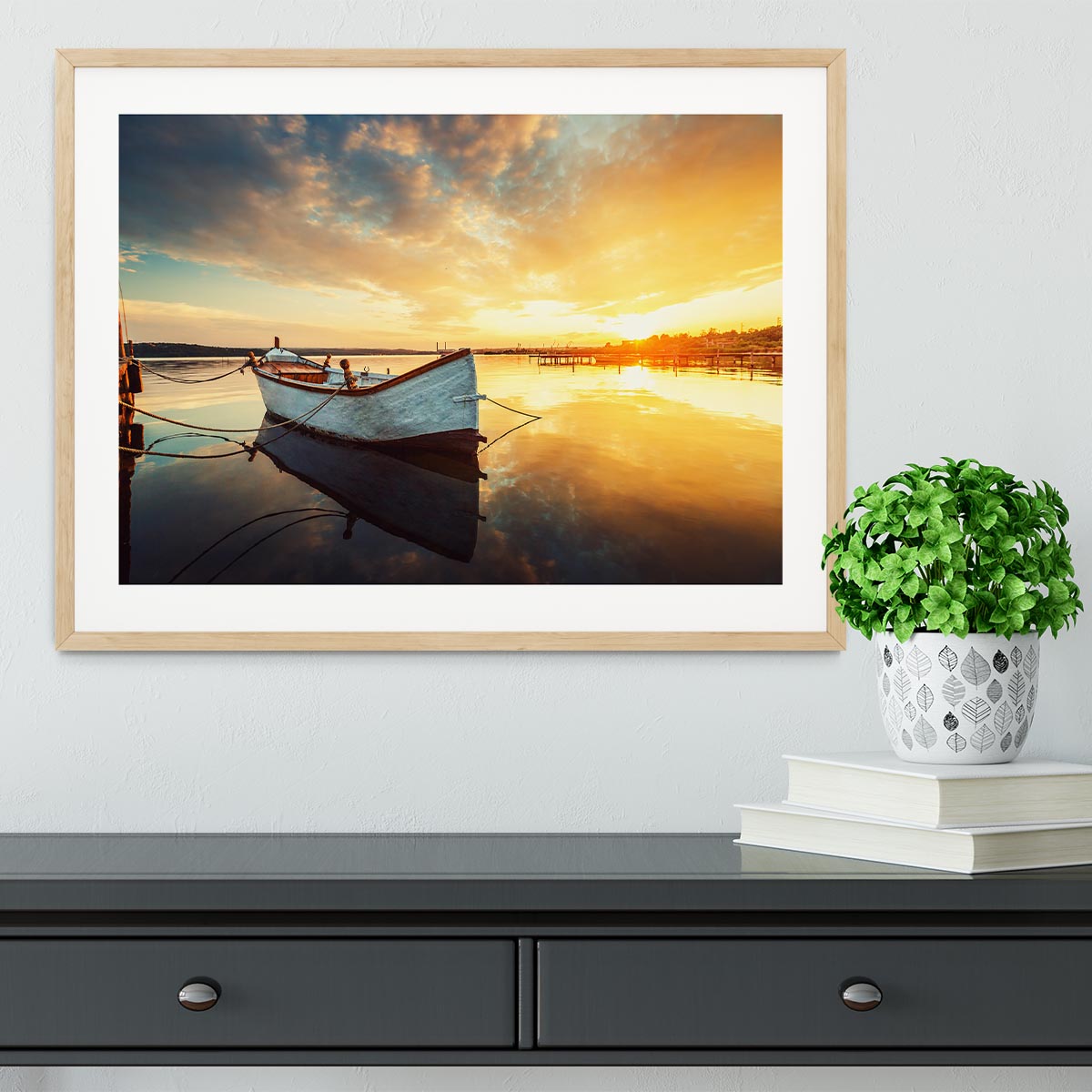 Boat on lake with a reflection Framed Print - Canvas Art Rocks - 3