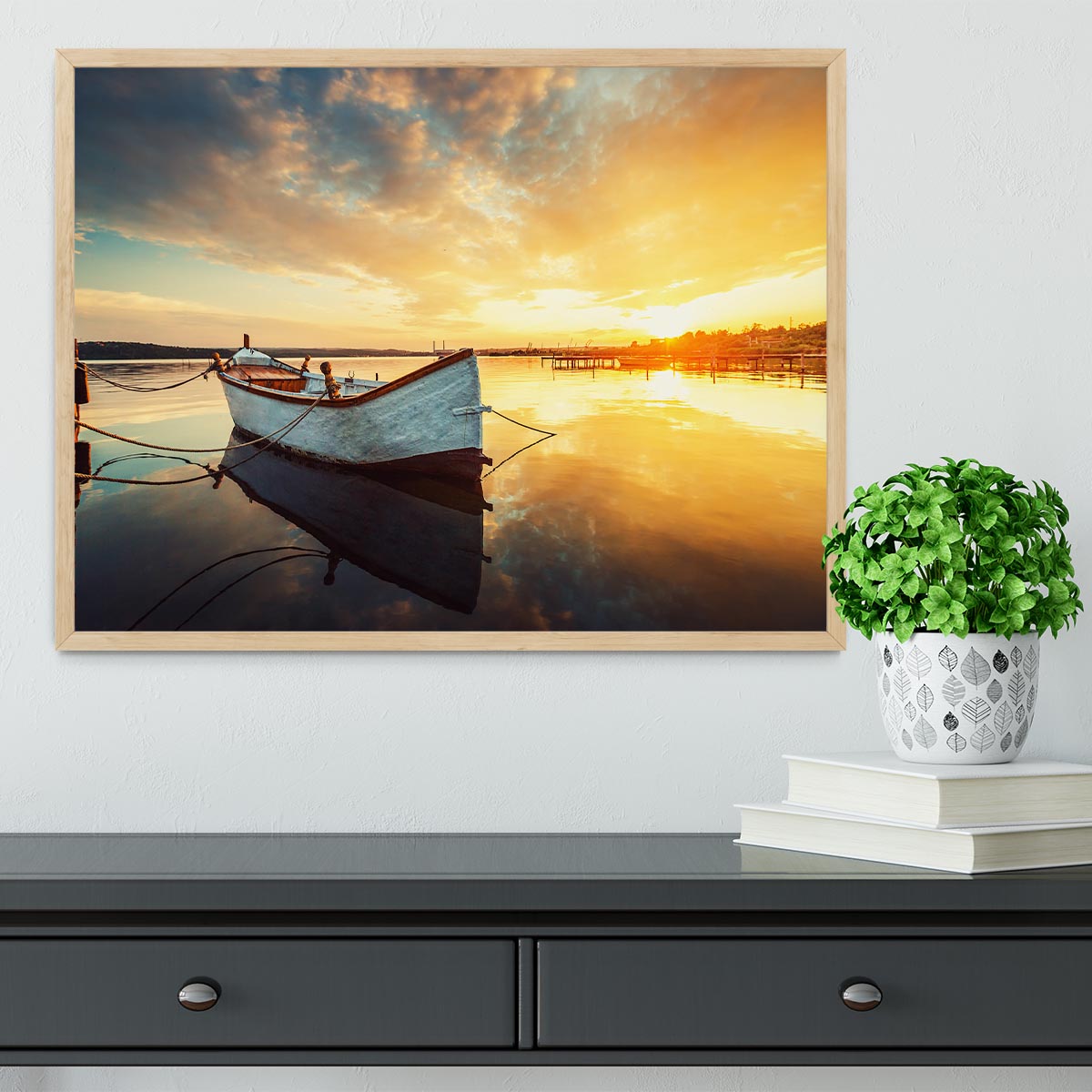 Boat on lake with a reflection Framed Print - Canvas Art Rocks - 4