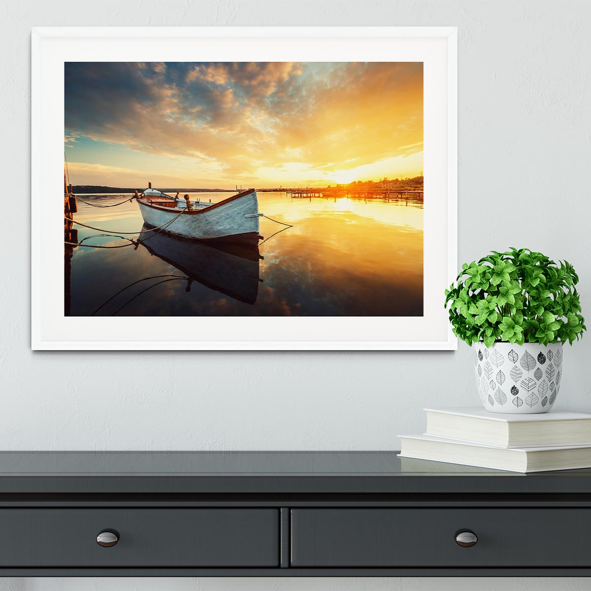 Boat on lake with a reflection Framed Print - Canvas Art Rocks - 5