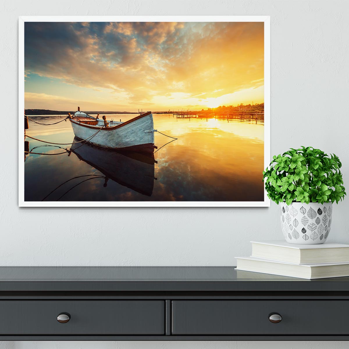 Boat on lake with a reflection Framed Print - Canvas Art Rocks -6
