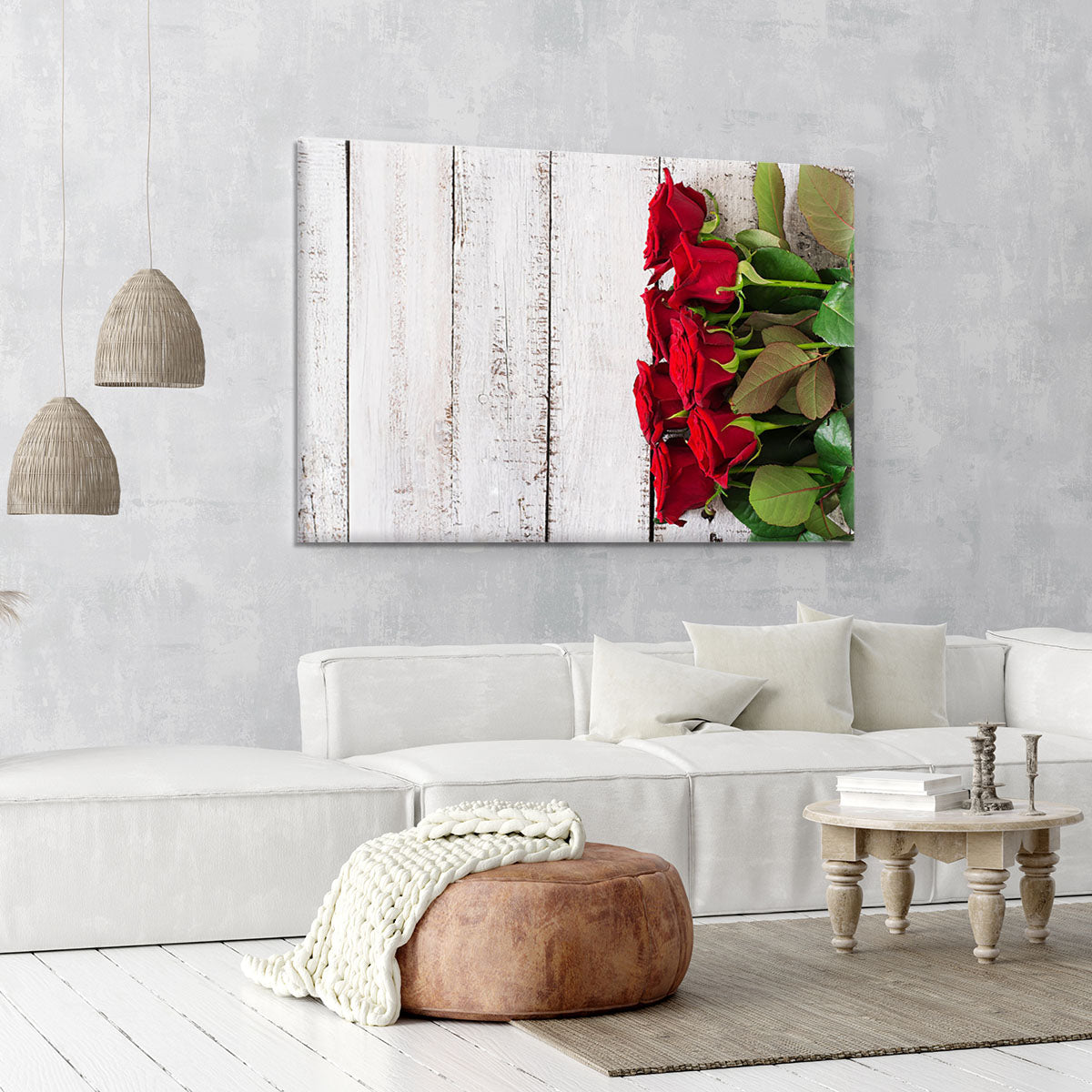 Bouquet of red roses on a light wooden background Canvas Print or Poster - Canvas Art Rocks - 6