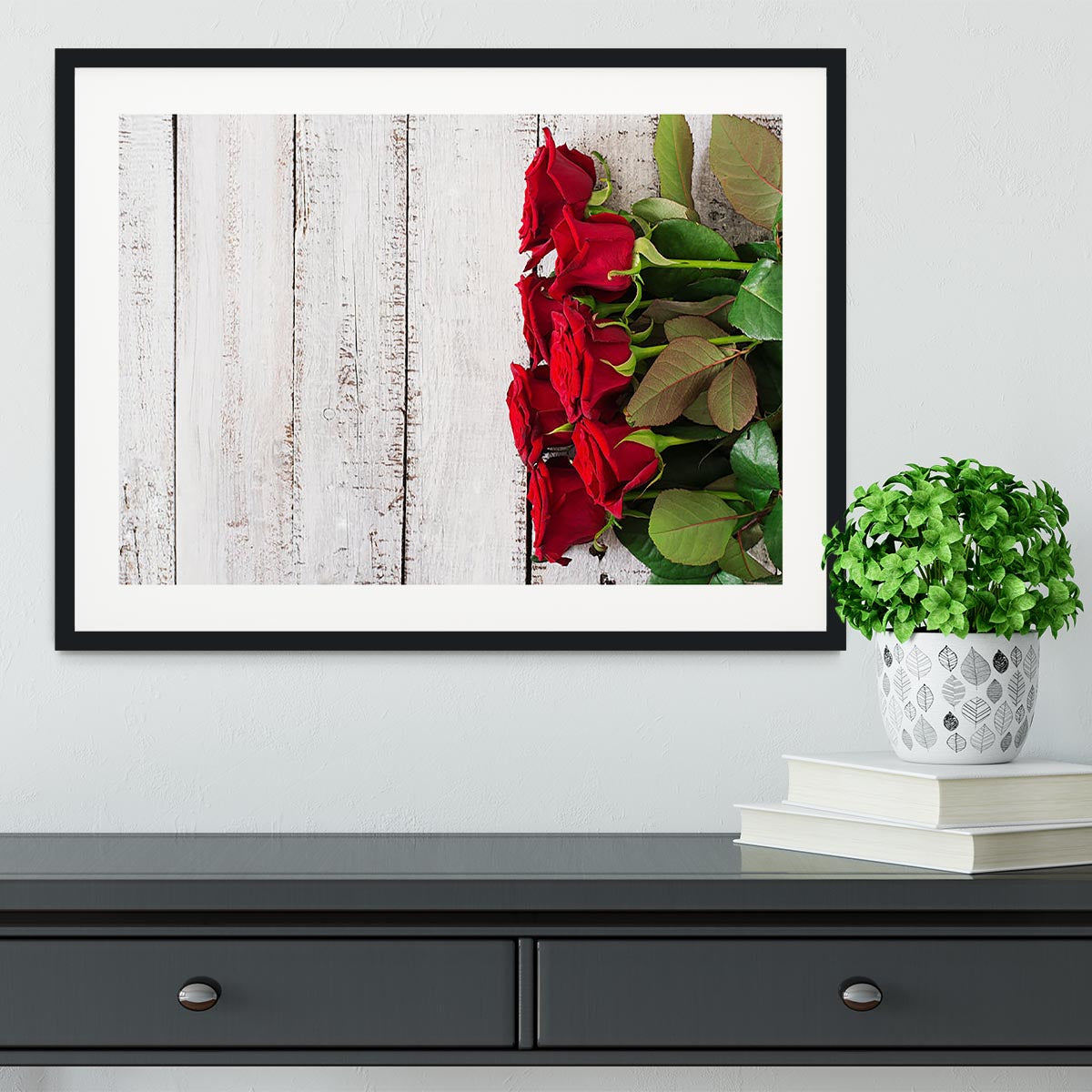Bouquet of red roses on a light wooden background Framed Print - Canvas Art Rocks - 1
