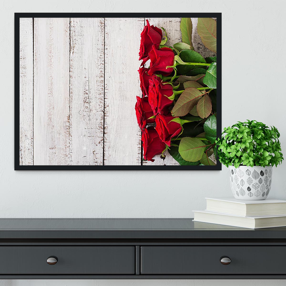 Bouquet of red roses on a light wooden background Framed Print - Canvas Art Rocks - 2